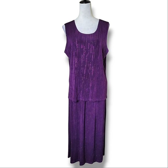 Vintage Purple Beaded Two Piece Set M Slinky Tank Midi Skirt Holiday Evening - Picture 1 of 9